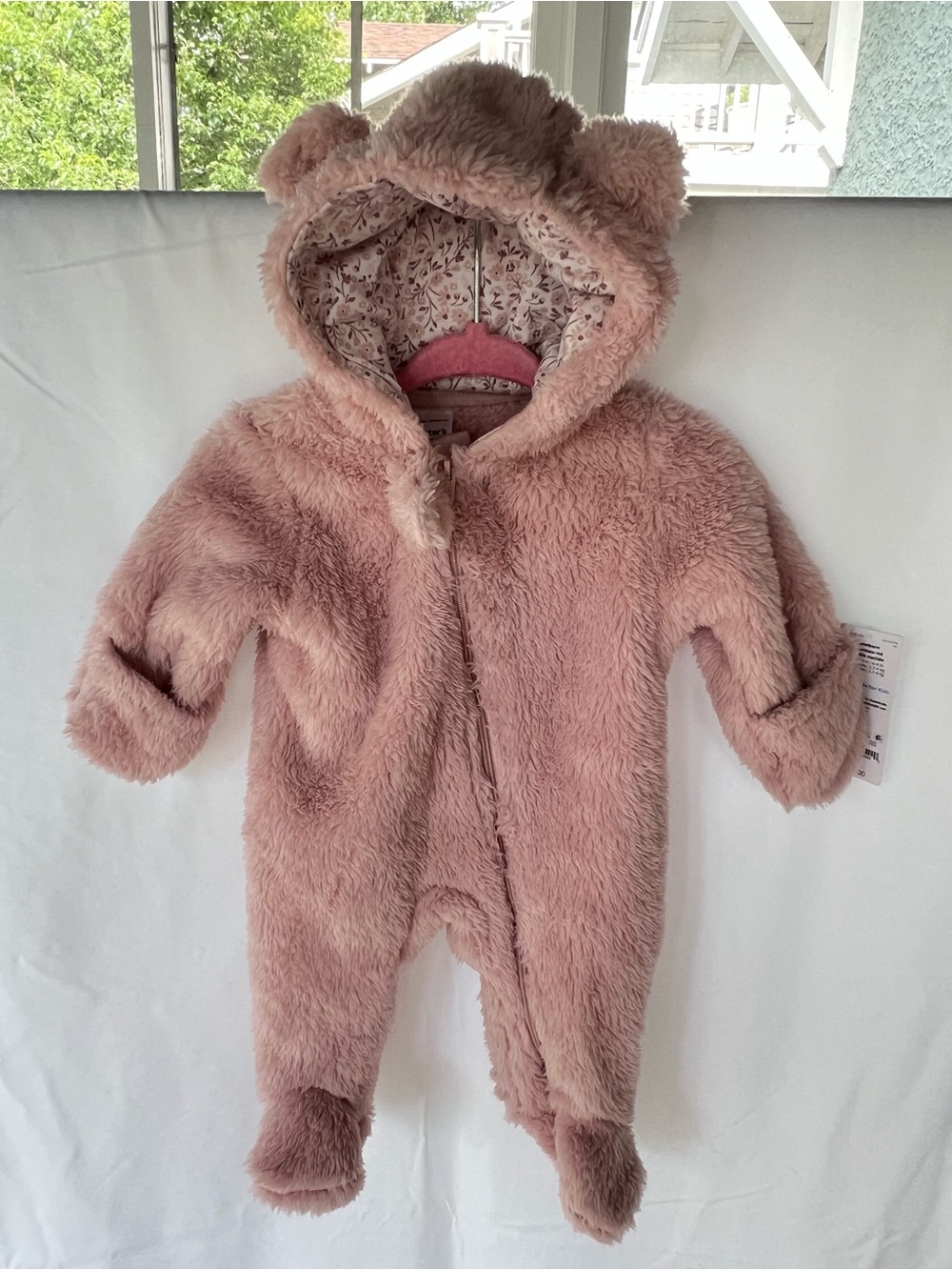Carter's Blush Pink Plush Bear Hooded Footed One-Piece, Size Newborn, NWT